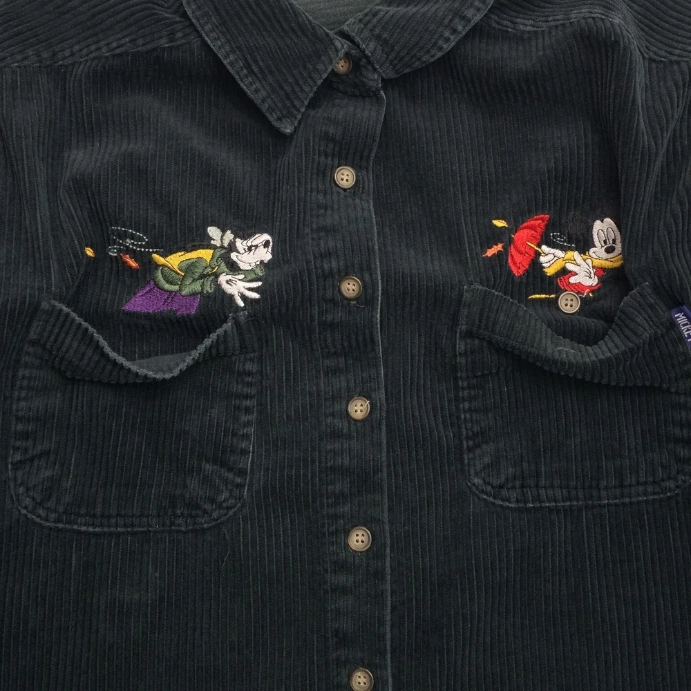 Vintage Mickey Unlimited Corduroy Shirt Mickey Goofy Embroidery Green Large